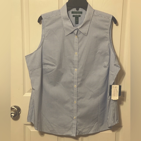 Lauren Ralph Lauren, Light Blue Gingham Sleeveless Button Down Top, Size 2X - Picture 1 of 4
